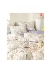 全棉製 フレンチスタイルの小兔と小熊デザイン四件セットベッドリネン【掛け布団カバー・シーツ・マットレスカバー付き】（セットアップ対応）