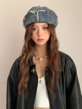 レトロウォッシュデニムベレー帽【フリンジデザイン・雲型・大頭囲・小顔効果】
