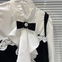 フリル付きレースパッチワークの蝶結びブラウス【春季・フレンチスタイル・女性用】