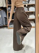 高ウエストワイドレッグデニムパンツ【カジュアル・深茶色・フィット】