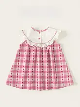 可愛いストロベリープリントの子供用ドレス【フリル付き・フリル衿・チェック柄】（セットアップ対応）