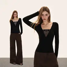 レディース長袖Tシャツ【レースデザイン・セクシー・スリムフィット・秋用】