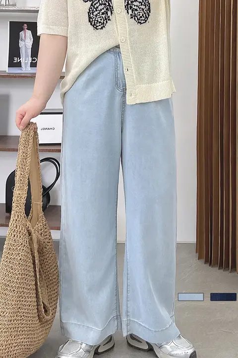 大きいサイズの天絲ワイドレッグデニムパンツ【ハイウエスト・サマーロング・涼感】