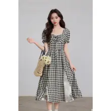 夏用レース切替チェック柄Aラインワンピース【特徴的なウエストデザイン・女性用】