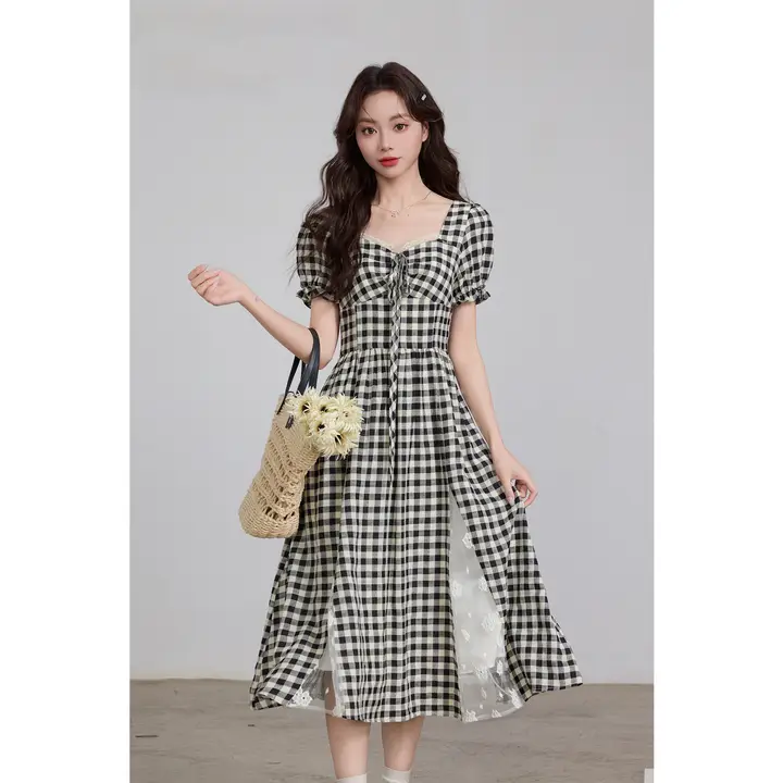 夏用レース切替チェック柄Aラインワンピース【特徴的なウエストデザイン・女性用】