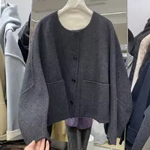 丸首ボタンデザイン ダブルフェイスコート【秋冬用・ゆったり・シンプル・ウール素材】