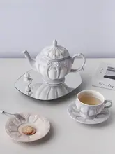 浮彫りデザインの陶器ティーポットセット【欧風・アフタヌーンティー・コーヒーカップと皿付き】