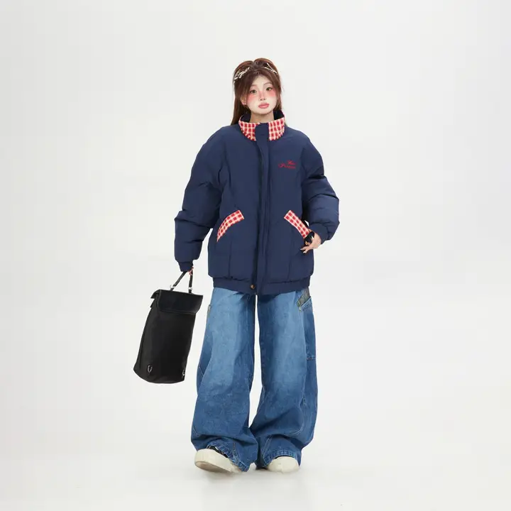 チェック柄パネルデザインの中長丈立襟コットンコート【レディース・オーバーサイズ・冬用・厚手】