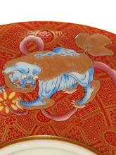 華やかなデザインの三狮対碗と対盤【吉祥紅色・ギフトボックス入り・婚礼用】