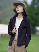 防風機能付き フード付き薄手アウトドアジャケット【女性用・黒・スリムフィット・登山用】