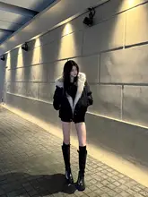 レディース アメリカンヴィンテージ風フード付きコート【ブラック・毛皮付き・冬用・厚手】