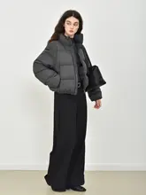 グレー系短丈スタンドカラー ダウンコート【大きなジッパーデザイン・白鹅绒使用】