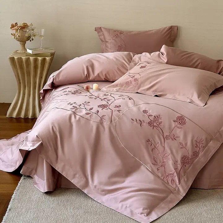 新中式デザインの全棉ベッドシーツ【通気性・四季使用可・花柄刺繍】（セットアップ対応）