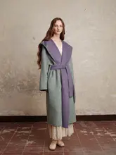 フード付き 手作りのダブルフェイスコート【女性用・ミドル丈・上質感】