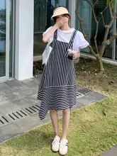 ストライプデザインのサスペンダー付きワンピース【スタイル・不規則デザイン・中長丈】（セットアップ対応）
