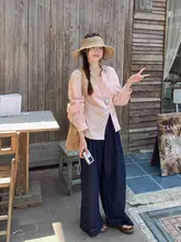 不規則デザインのレーストリム付き翻領シャツ【長袖・女性用】
