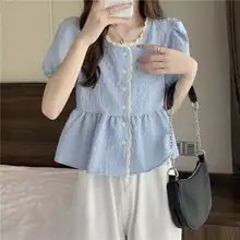レース切替フラワー刺繍入りショート丈ブラウス【パフスリーブ・夏用】