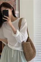 カジュアルな編みスタイルの夏用バケツバッグ【女性用・ビーチ・肩掛け・天然素材】