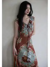 フレンチスタイルのビンテージ油絵プリントロングスカート【レイヤードフリル・エレガントデザイン・夏用】