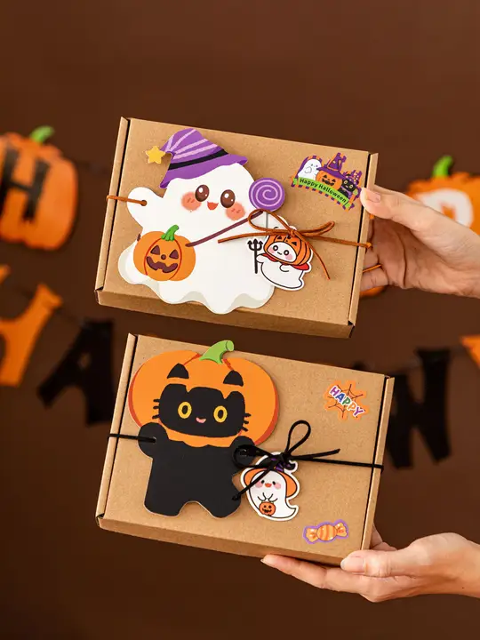 ハロウィン用 クッキー＆キャンディボックス【牛革製・カートゥーンゴースト・カボチャデザイン・ギフトボックス】（セットアップ対応）