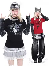 レトロなストライプ柄の長袖Tシャツ【軽やか・女性用・ルーズフィット・重ね着風】（セットアップ対応）