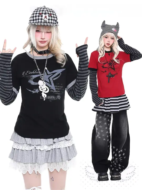 レトロなストライプ柄の長袖Tシャツ【軽やか・女性用・ルーズフィット・重ね着風】（セットアップ対応）