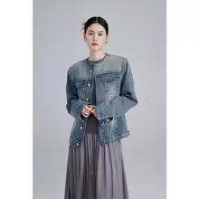 クラシックデザインのラウンドネックデニムジャケット【ヴィンテージ加工】
