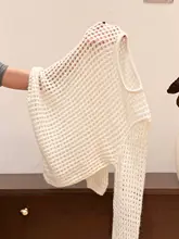 ブルーのラウンドネック長袖透かし編みニットトップス【ゆったりとしたデザイン・春向け・女性用】