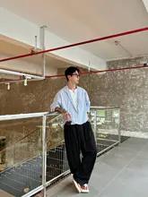 Vネック長袖シャツ【ブルー＆ホワイトストライプ・フィット・穴あけ不要】（セットアップ対応）