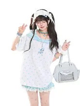 学院スタイルの可愛いドット柄リボン付き半袖Tシャツ【夏用・フィット・カジュアル】