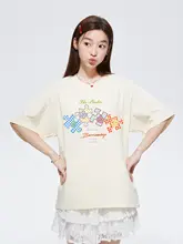 カラフルなパズルプリントの夏用Tシャツ【ラウンドネック・短袖・極上の柔らかさ・子供用】