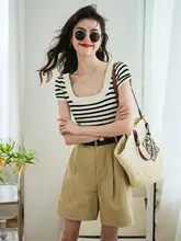 フレンチスタイル ボックスカラー ボーダー Iceシルクニット 半袖Tシャツ【女性用・夏用・フィット・ショート丈】