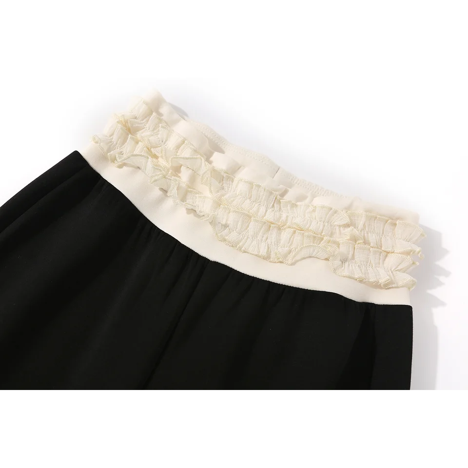 春季美しいデザインのフリル付きフィット感ある女性用パンツ【カジュアル・フレア】（セットアップ対応）