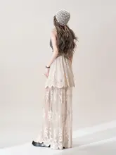 杏色レトロレース切り替えハイウエストスカート【夏用・薄手・透け感】（セットアップ対応）