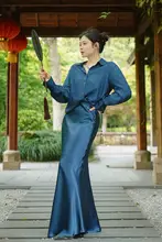 高見えフィッシュテールスカート【シルク100%、ブルー、コーディネートしやすい】