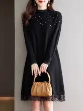 レディース 秋冬用 レース ハイネック ニットワンピース【アウターとの組み合わせが可能】