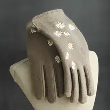 小雛菊刺繍入りウール五本指手袋【秋冬用・裏起毛・タッチスクリーン対応・保温】