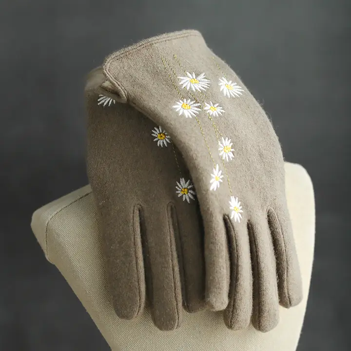 小雛菊刺繍入りウール五本指手袋【秋冬用・裏起毛・タッチスクリーン対応・保温】