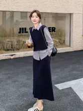 通勤向けの秋冬カジュアルファッション【ストライプ・コントラストデザイン・トップス＆スカート】（セットアップ対応）