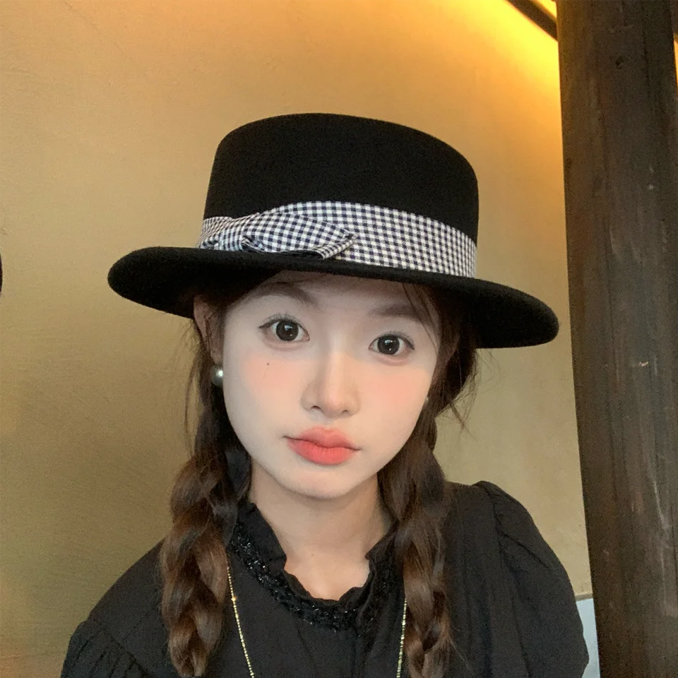 ヴィンテージチェックリボン付きウールフェルト平頂帽子【秋冬用・レディース・小顔効果】