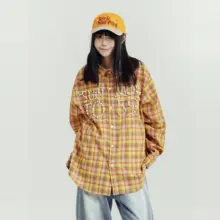 春季のカジュアルな異素材ミックスシャツ【ユニセックス・パールチェック・ゆったりデザイン】