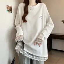 白色レースコンビネーション長袖Tシャツ【大きいサイズ・秋用・ミディ丈】