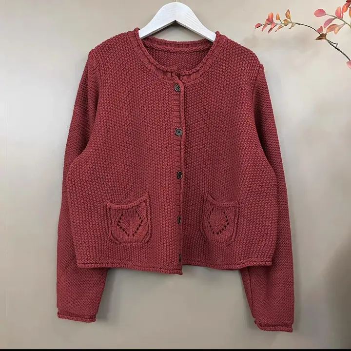 文芸風レトロコットンニットカーディガン【単ボタン・リブ編み・透かし模様】