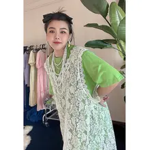デザイン性の高いアイスシルクTシャツ【女性用・グリーン・中長丈・夏向け】