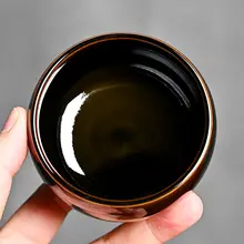 陶製黒色主人用茶碗【シンプルデザイン・紫のアクセント・功夫茶具】