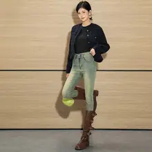 ヴィンテージ風 ブルー スキニーデニムパンツ【ハイウエスト・ダブルボタン・女性用・細見えデザイン】