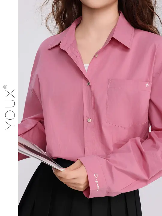 ピンクカラーのポロ襟刺繍シャツ【春用・女性用・トレンドスタイル】