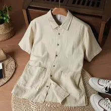 デザイン豊かな春夏用 メンズ半袖シャツ【立襟・コットンリネン・ヴィンテージ風・フィット】