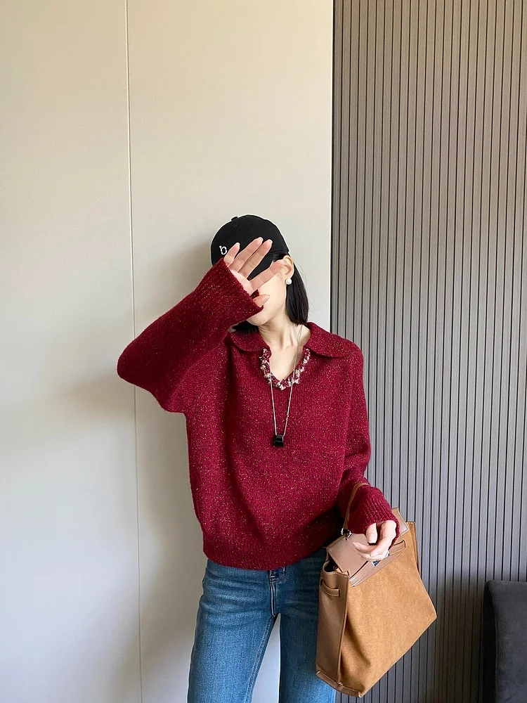 Vネック翻領ニットセーター 春コーデ レディース おすすめアイテム