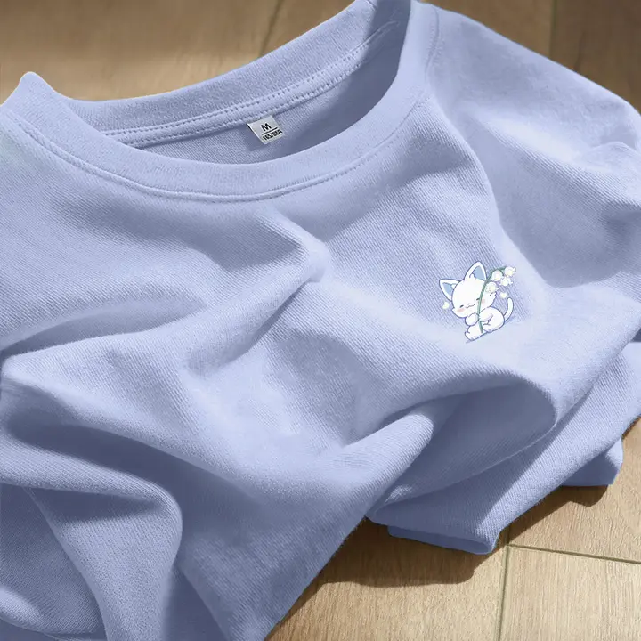 夏用 レディース コットン製 ブルー フィット感のある Tシャツ【ゆったりシルエット・短袖】